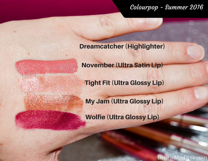 Colourpop Swatchfest: Swatches from Spring, Summer, Fall, and Holiday 2016 collection purchases, as well as regular products and colors, Kathleen Lights Collection, and Kaepop Collection. (Highlighter in Dreamcatcher; Ultra Satin Lip in November; Ultra Glossy Lip in Tight Fit, My Jam, and Wolfie) - DivineMrsDiva.com #makeupjunkie #makeup #colourpop #colourpopswatches #swatches #swatch #beauty