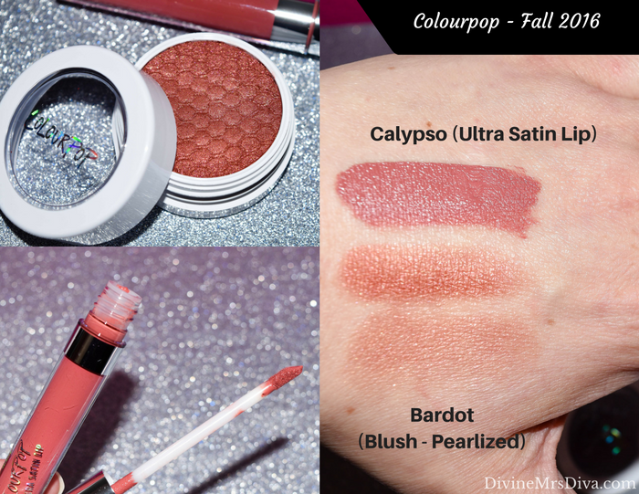 Colourpop Swatchfest: Swatches from Spring, Summer, Fall, and Holiday 2016 collection purchases, as well as regular products and colors, Kathleen Lights Collection, and Kaepop Collection. (Ultra Satin Lip in Calypso; Blush in Bardot) - DivineMrsDiva.com #makeupjunkie #makeup #colourpop #colourpopswatches #swatches #swatch #beauty