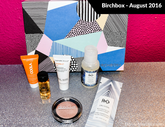 Birchbox for August 2016 (Beauty Protector Protect and Oil, COOLA Mineral SPF 30 Daydream Primer, Manna Kadar Cosmetics The Day Dream Palette, Marcelle Hydra-C 24H Energizing Hydrating Gel, R+Co Oblivion Clarifying Shampoo)- DivineMrsDiva.com #Birchbox #beautybox #subscription #beautysubscription #makeup #skincare #haircare #coola #beautyprotector #mannakadar #marcelle #randco 