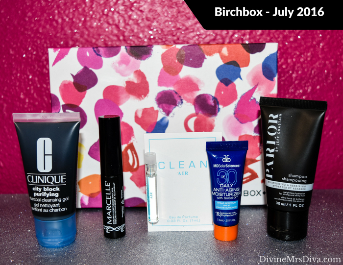 Birchbox for July 2016 (CLEAN Air Eau de Parfum, Clinique City Block Purifying Charcoal Cleansing Gel, Marcelle Xtension Plus Curl Mascara, MDSolarSciences Daily Anti-Aging Moisturizer SPF 30, PARLOR by Jeff Chastain Moisturizing & Repairing Shampoo) - DivineMrsDiva.com #Birchbox #beautybox #subscription #beautysubscription #makeup #skincare #haircare #marcelle #parlorbyjeffchastain #clinique #clean #mdsolarsciences #sunscreen 