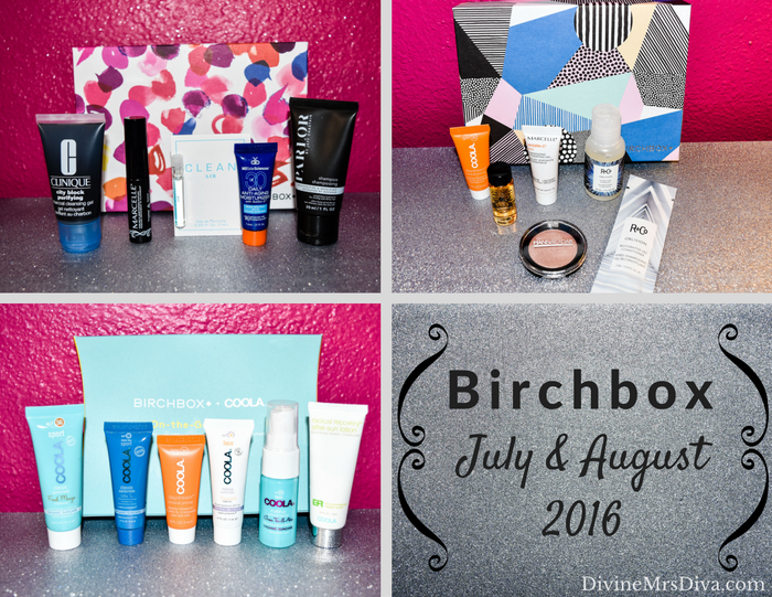Birchbox for July and August 2016 - DivineMrsDiva.com #Birchbox #beautybox #subscription #beautysubscription #makeup #skincare #haircare #marcelle #parlorbyjeffchastain #clinique #clean #mdsolarsciences #sunscreen #coola #beautyprotector #mannakadar #marcelle #randco
