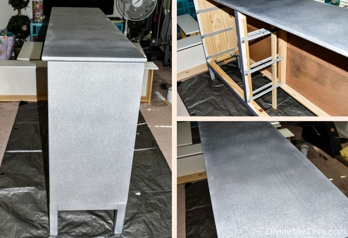 How To: Painting a silver and pink glittery dresser from start to finish, using Rust-Oleum Glitter Spray, Valspar paint in Cabaret, and Valspar Paint Crystals. - DivineMrsDiva.com #homedecor #DIY #tutorial #howto #paint #dresser #glitter #glitterpaint #ikea #homestyle #glitterdresser #valspar #rustoleum