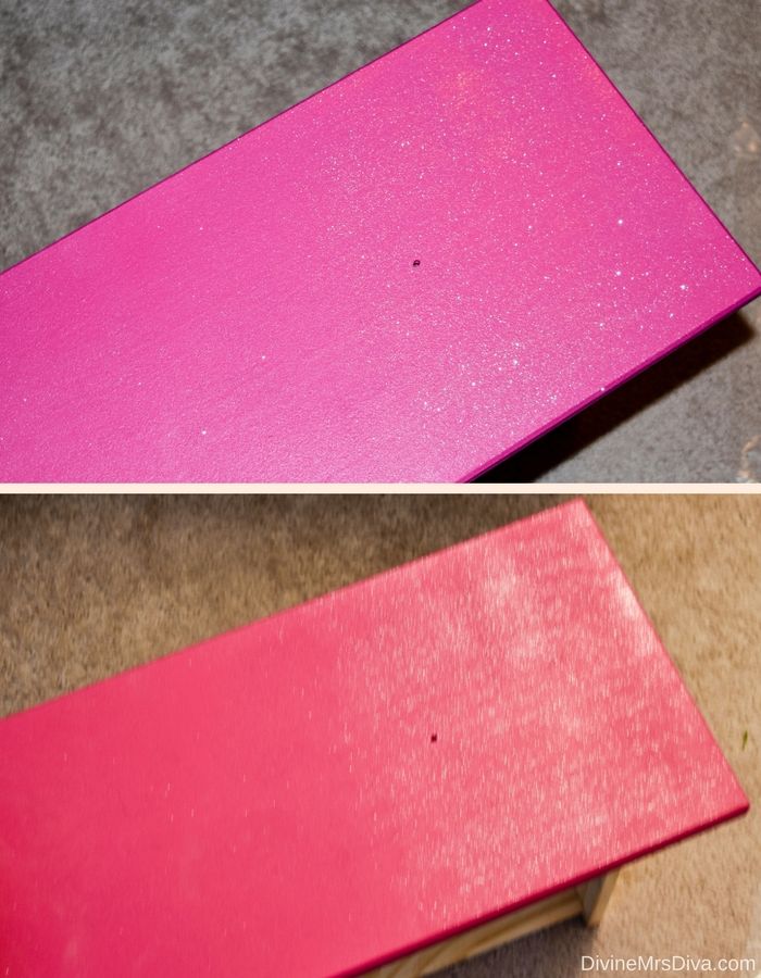 How To: Painting a silver and pink glittery dresser from start to finish, using Rust-Oleum Glitter Spray, Valspar paint in Cabaret, and Valspar Paint Crystals. - DivineMrsDiva.com #homedecor #DIY #tutorial #howto #paint #dresser #glitter #glitterpaint #ikea #homestyle #glitterdresser #valspar #rustoleum