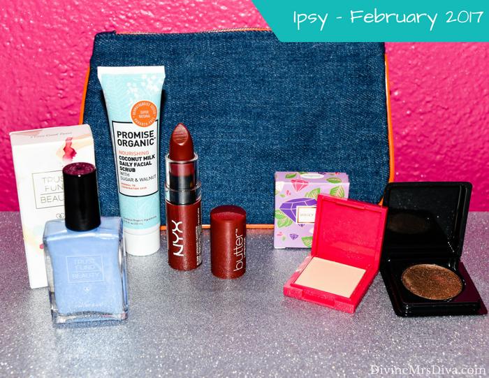 Ipsy Beauty Bag (February 2017), featuring Trust Fund Beauty Nail Polish in I Give Good Tweet, NYX Professional Makeup Butter Lipstick in Lifeguard, Promise Organic Nourishing Coconut Milk Daily Facial Scrub with Walnuts and Sugar, Winky Lux Diamond Complexion Powder in Medium, Hikari Cosmetics Cream Pigment Eye Shadow in Latte.- DivineMrsDiva.com  #Ipsy #Ipsybag #beautybag #beautybox #subscription #beautysubscription #makeup #haircare #skincare #trustfundbeauty #nyx #promiseorganic #winkylux #hikari #noyah #briogeo