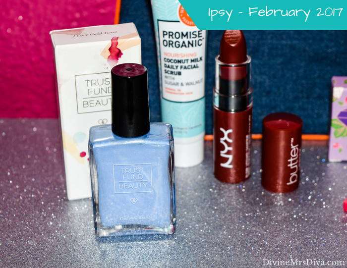 Ipsy Beauty Bag (February 2017), featuring Trust Fund Beauty Nail Polish in I Give Good Tweet, NYX Professional Makeup Butter Lipstick in Lifeguard, Promise Organic Nourishing Coconut Milk Daily Facial Scrub with Walnuts and Sugar, Winky Lux Diamond Complexion Powder in Medium, Hikari Cosmetics Cream Pigment Eye Shadow in Latte.- DivineMrsDiva.com  #Ipsy #Ipsybag #beautybag #beautybox #subscription #beautysubscription #makeup #haircare #skincare #trustfundbeauty #nyx #promiseorganic #winkylux #hikari #noyah #briogeo