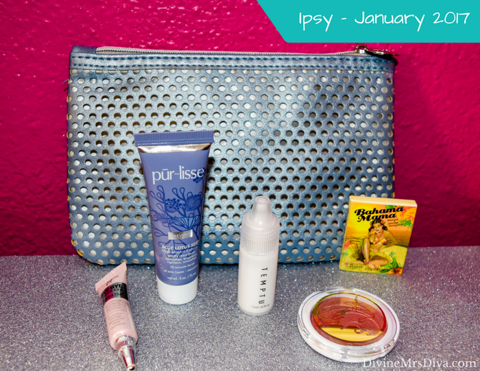 Ipsy Beauty Bag (January 2017), featuring pur~lisse Blue Lotus Seed 5-in-1 Mud Mask + Exfoliant, Temptu Base Smooth & Matte Primer, Pacifica Blushious in Wildrose, theBalm Cosmetics Bahama Mama, It Cosmetics Bye Bye Under Eye Illumination Anti-Aging Concealer in Medium.- DivineMrsDiva.com  #Ipsy #Ipsybag #beautybag #beautybox #subscription #beautysubscription #makeup #haircare #skincare #purlisse #temptu #pacifica #thebalm #itcosmetics 