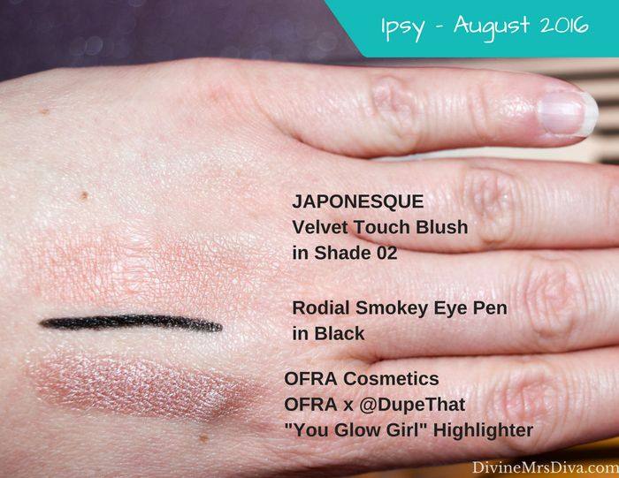 Ipsy Bags for July and August 2016 (JAPONEQSUE Velvet Touch Blush in Shade 02, Rodial Smokey Eye Pen in Black, and OFRA Cosmetics OFRA x @DupeThat "You Glow Girl" Highlighter) - DivineMrsDiva.com #Ipsy #IpsyGlamBag #beautybag #beautybox #subscription #beautysubscription #makeup #skincare #theBalm #MakeUpForEver #mufe #InstaNatural #BellaPierre #Rodial #Japonesque #Ofra #TheOrganicPharmacy #GlobalBeautyCare 