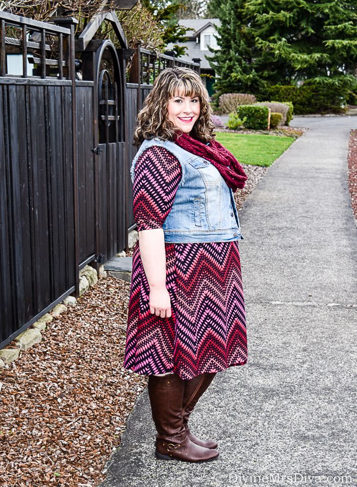 Hailey is wearing the Kiyonna All Work and Play Wrap Dress, Macy's American Rag Denim Vest, and Avenue boots. - DivineMrsDiva.com #Kiyonna #KiyonnaStyle #KiyonnaPlusYou #AmericanRag #MacysStyle #Avenue #psblogger #plussizeblogger #styleblogger #plussizefashion #plussize #psootd #ValentinesStyle #plussizecasual