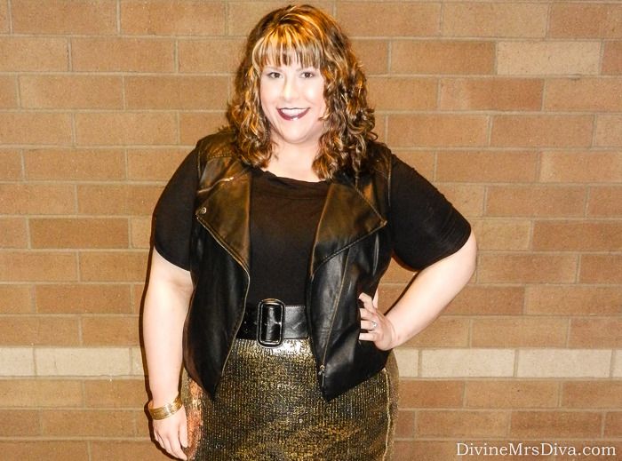 Hailey is wearing the Baroque Sequin Skirt from Kiyonna, Bardot Top from Yours Clothing, and Faux Leather vest from Lane Bryant. - DivineMrsDiva.com #Kiyonna #YoursClothing #LaneByrant #sequins #sequinskirt #goldskirt #plussize #plussizefashion #plussizeblogger #wintertrends #winterfashion #plussizestyle #psootd