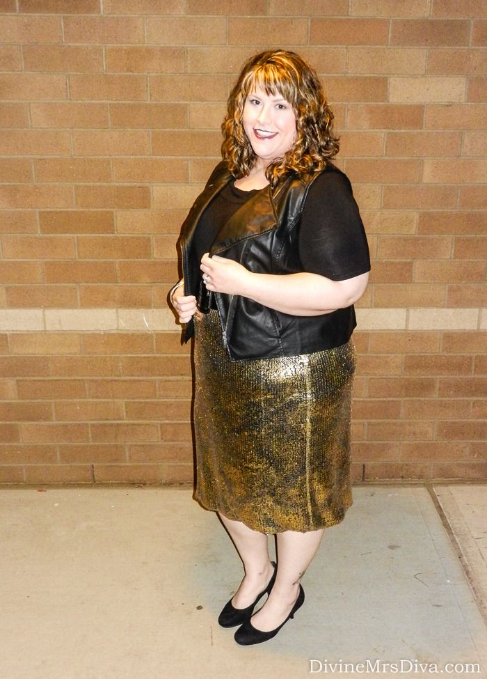 Hailey is wearing the Baroque Sequin Skirt from Kiyonna, Bardot Top from Yours Clothing, and Faux Leather vest from Lane Bryant. - DivineMrsDiva.com #Kiyonna #YoursClothing #LaneByrant #sequins #sequinskirt #goldskirt #plussize #plussizefashion #plussizeblogger #wintertrends #winterfashion #plussizestyle #psootd
