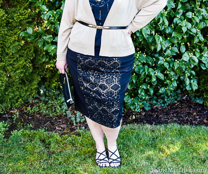 Hailey is wearing the Kiyonna Boucle Pencil Skirt for a shimmery and sexy date night look. - DivineMrsDiva.com #Kiyonna #KiyonnaStyle #KiyonnaPlusYou #psblogger #plussizeblogger #styleblogger #plussizefashion #plussize #psootd #ValentinesStyle #DateNight 