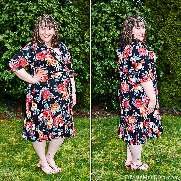 Hailey is wearing the vibrant floral Flirty Flounce Wrap Dress from Kiyonna. - DivineMrsDiva.com #Kiyonna #KiyonnaStyle #KiyonnaPlusYou #CharmingCharlie #Sofft #psblogger #plussizeblogger #styleblogger #plussizefashion #plussize #psootd #SpringStyle #DateNight