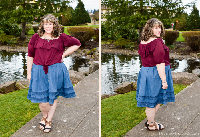 In today's post Hailey reviews the Kelsey Flounce Top from Kiyonna, a multi-way top that can be worn tied in front or as a tunic length piece!- DivineMrsDiva.com #Kiyonna #KiyonnaStyle #KiyonnaPlusYou #Eloquii #XOQ #denimskirt #crocs #psblogger #plussizeblogger #styleblogger #plussizefashion #plussize #psootd #ootd #plussizeclothing #outfit #winter #spring #summer #fall #style 