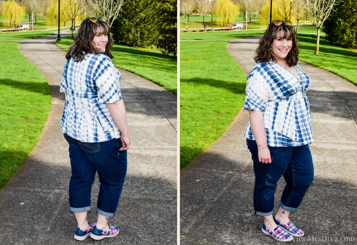 In today's post Hailey reviews the Promenade Top from Kiyonna, a soft knit top perfect for spring, summer, and travel! Hailey also reviews the Denim Crop by Melissa McCarthy and Dansko Belle Blue Madras Sneakers. - DivineMrsDiva.com #Kiyonna #KiyonnaStyle #KiyonnaPlusYou #LaneBryant #MelissaMcCarthy #seven7 #tiedye #psblogger #plussizeblogger #styleblogger #plussizefashion #plussize #psootd #ootd #plussizeclothing #outfit #spring #summer #style