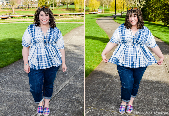 In today's post Hailey reviews the Promenade Top from Kiyonna, a soft knit top perfect for spring, summer, and travel! Hailey also reviews the Denim Crop by Melissa McCarthy and Dansko Belle Blue Madras Sneakers. - DivineMrsDiva.com #Kiyonna #KiyonnaStyle #KiyonnaPlusYou #LaneBryant #MelissaMcCarthy #seven7 #tiedye #psblogger #plussizeblogger #styleblogger #plussizefashion #plussize #psootd #ootd #plussizeclothing #outfit #spring #summer #style
