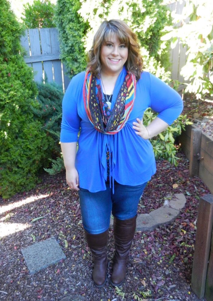 DivineMrsDiva.com - Kiyonna Sunset Stroll Bellini, Lane Bryant Lace-Trimmed Cami, Lane Bryant Genuis Fit Skinny Jeans, Avenue Perry Stretch Boots, Betsey Johnson Scarf