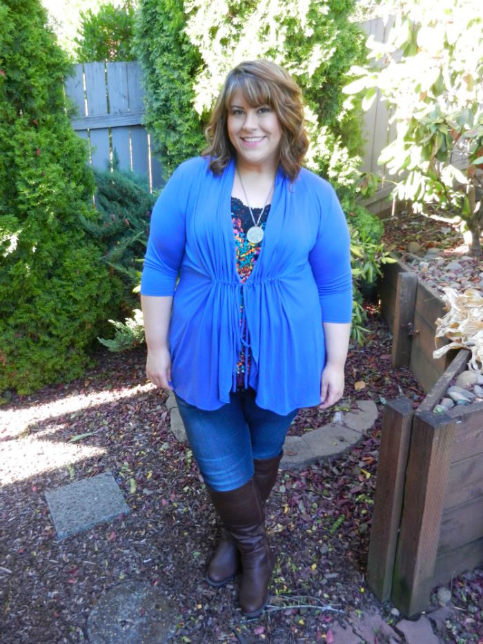 DivineMrsDiva.com - Kiyonna Sunset Stroll Bellini, Lane Bryant Lace-Trimmed Cami, Lane Bryant Genuis Fit Skinny Jeans, Avenue Perry Stretch Boots, Betsey Johnson Scarf