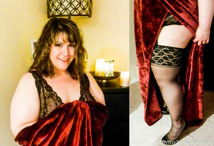 Plus Size Lingerie: Hailey is wearing the Isabella Stretch Lace Bralette and Extra Wide Lace Band Stay Up Thigh Highs, both from Hips and Curves. - DivineMrsDiva.com #plussize #plussizelingerie #styleblogger #plussizeblogger #psblogger #hipsandcurves