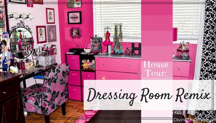 Take a look at the details of Hailey's newly reorganized dressing room, her sparkly happy place! - DivineMrsDiva.com #homedecor #DIY #glitter #glitterpaint #homestyle #glitterdresser #dressingroom #closet #hometour #dressingroomtour