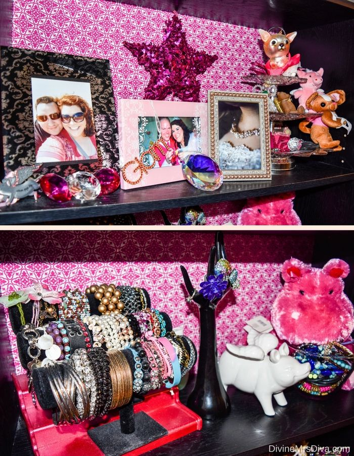 Take a look at the details of Hailey's newly reorganized dressing room, her sparkly happy place! - DivineMrsDiva.com #homedecor #DIY #glitter #glitterpaint #homestyle #glitterdresser #dressingroom #closet #hometour #dressingroomtour