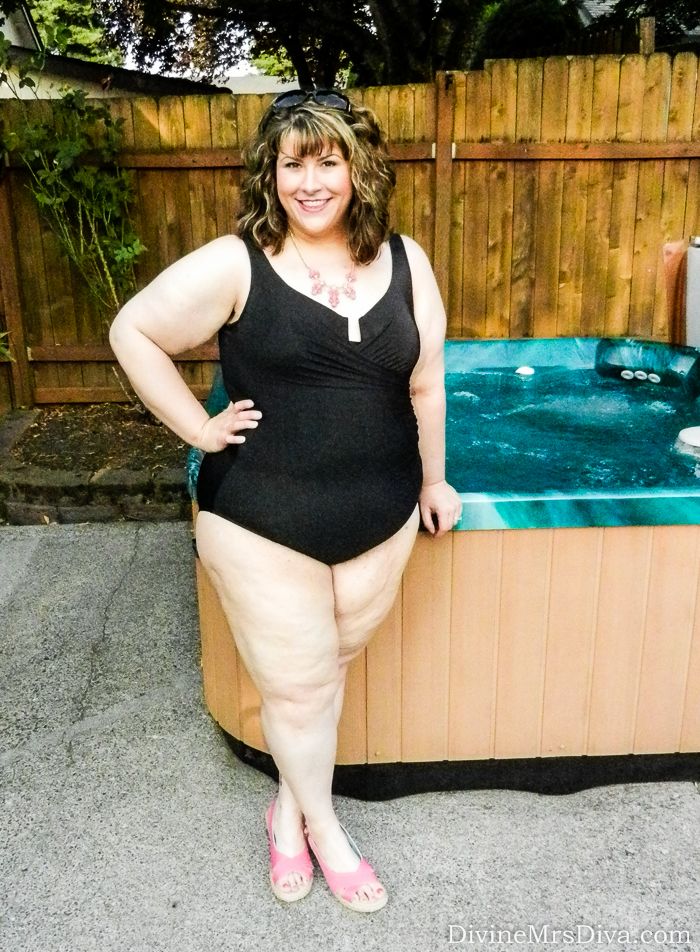 Hailey is wearing the MiracleSuit Escape Swimsuit, Lane Byrant Butterfly Floral Scarf, Crocs A-Leigh Linen Wedges, and Pink Jewel Necklace from Dressbarn. - DivineMrsDiva.com #SartorialMedley #plussize #swimsuit #Miraclesuit 