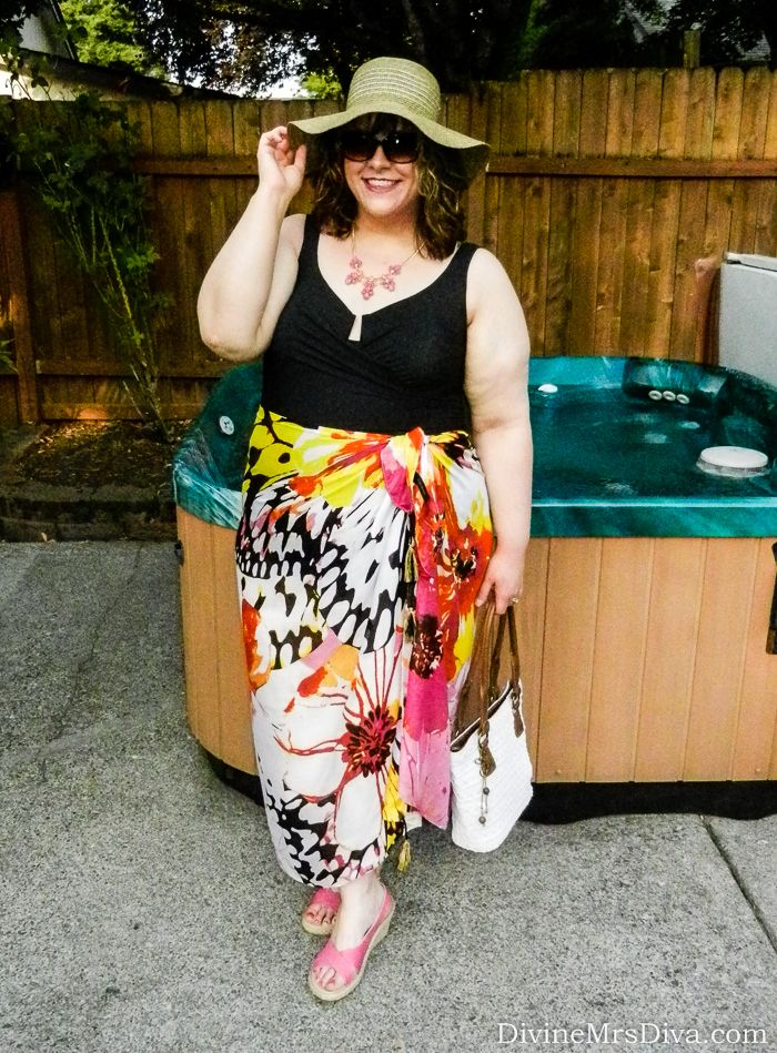 Hailey is wearing the MiracleSuit Escape Swimsuit, Lane Byrant Butterfly Floral Scarf, Crocs A-Leigh Linen Wedges, and Pink Jewel Necklace from Dressbarn. - DivineMrsDiva.com #SartorialMedley #plussize #swimsuit #Miraclesuit 