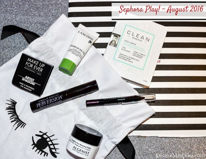 Sephora Play! Beauty Bag (August 2016), featuring Algenist Complete Eye Renewal Balm, Lancome Energie de Vie The Smoothing & Glow Boosting Liquid Moisturizer, Make Up For Ever Artist Shadow Eyeshadow in I544 Pink Granite,  Sephora Collection Contour Eye Pencil 12 hr Wear Waterproof in Love Affair, Urban Decay Perversion Mascara, Clean Reserve Warm Cotton.- DivineMrsDiva.com  #Sephora #SephoraPlay #beautybag #beautybox #subscription #beautysubscription #makeup #haircare #skincare #review #swatch #fragrance #algenist #lancome #mufe #makeupforever #urbandecay #clean