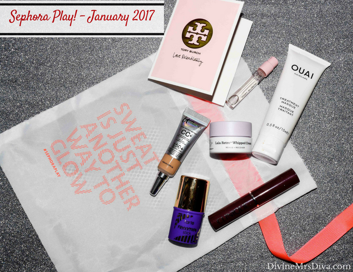 Sephora Play! Beauty Bag (January 2017), featuring Tarte FRXXXTION Stick, Ouai Treatment Masque, Drunk Elephant Lala Retro Whipped Cream, Clinique Almost Lipstick in Black Honey, It Cosmetics Your Skin But Better CC+ Cream SPF 50+ in Medium, Tory Burch Love Relentlessly.- DivineMrsDiva.com  #Sephora #SephoraPlay #beautybag #beautybox #subscription #beautysubscription #makeup #haircare #skincare #review #swatch #fragrance #Tarte #clinique #drunkelephant #itcosmetics #toryburch #ouai