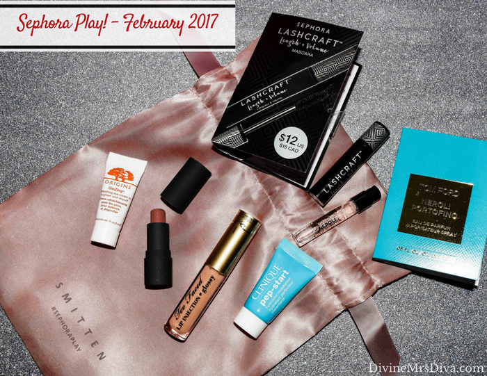 Sephora Play! Beauty Bag (February 2017), featuring Clinique Pep-Start Hydroblur Moisturizer, Bite Beauty Multistick in Cashew, Too Faced Lip Injection Glossy in Milkshake, Sephora Collection Lashcraft Length & Volume Mascara, Origins GinZing Refreshing Eye Cream, Tom Ford Neroli Portofino.- DivineMrsDiva.com  #Sephora #SephoraPlay #beautybag #beautybox #subscription #beautysubscription #makeup #haircare #skincare #review #swatch #fragrance #clinique #tomford #bitebeauty #origins #toofaced
