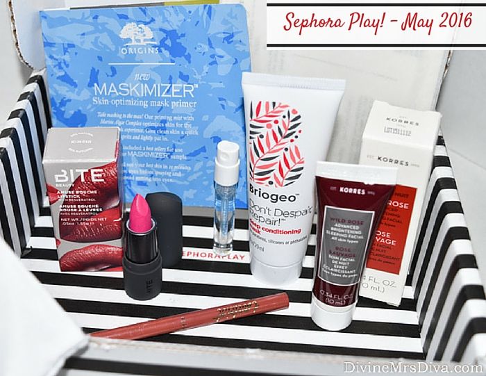 Sephora Play! Beauty Bag (May 2016), featuring products by Origins, Korres, Briogeo, Bite Beauty, Tarte, and Atelier Cologne. - DivineMrsDiva.com #Sephora #SephoraPlay #beautybag #beautybox #subscription #beautysubscription #makeup #haircare #skincare #Origins #Korres #Briogeo #BiteBeauty #AtelierCologne #tarte