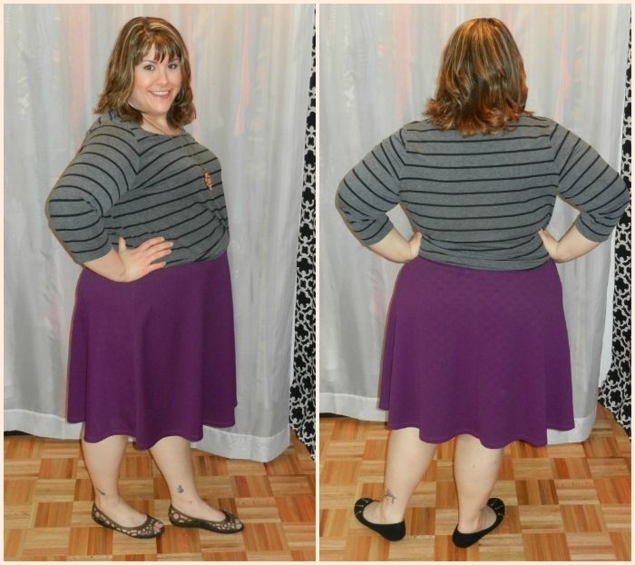 Hailey is wearing the Lucie Lu Skater Skirt in Plum via #GwynnieBee and a striped tee from Old Navy. - DivineMrsDiva.com