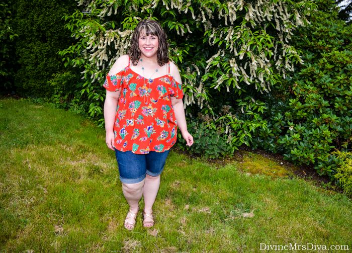 Staying cool and confident in the heat, Hailey is reviewing the Relaxed Off-The-Shoulder Top from Old Navy and Roll-Cuff Denim Bermuda Shorts by Melissa McCarthy Seven7, with a nod to the Puamana Earrings by Nagasako Designs.- DivineMrsDiva.com #OldNavy #OldNavyStyle #OldNavyPlus #LaneBryant #MelissaMcCarthySeven7 #MelissaMcCarthy #Trotters #nagasakodesigns #psblogger #plussizeblogger #styleblogger #plussizefashion #plussize #psootd #ootd #plussizeclothing #outfit #summer #style 