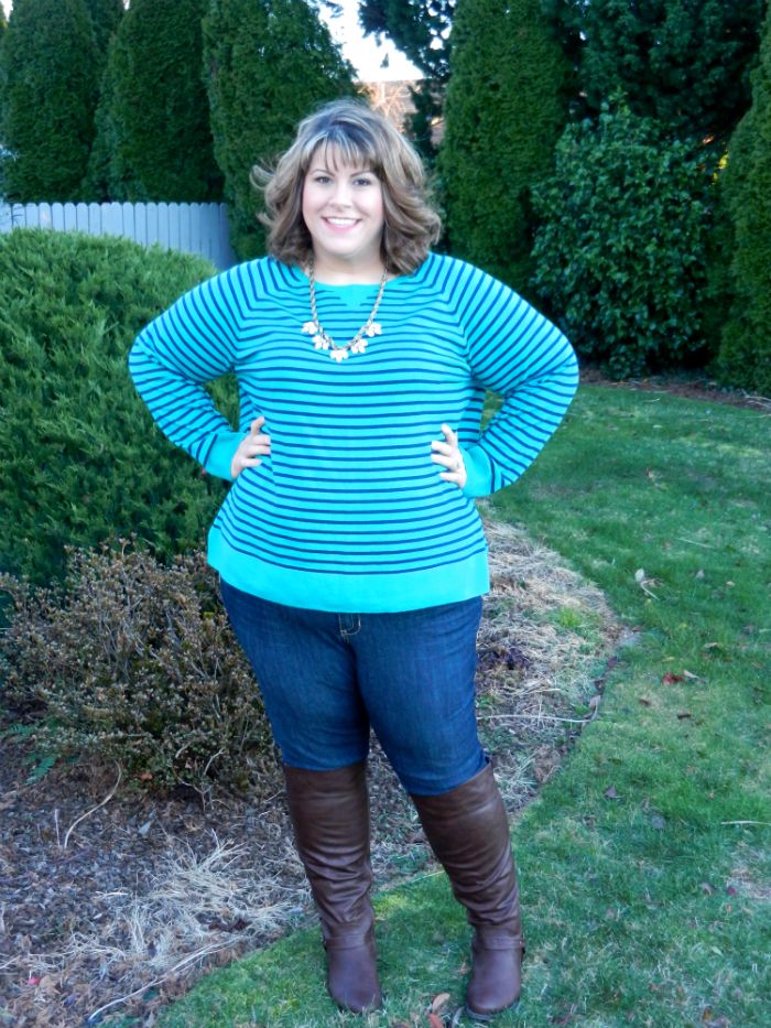 DivineMrsDiva.com - JCPenney's Plus A.n.a Striped Long-Sleeve Crew Neck Sweater, Torrid Denim Jeggings, Avenue Talia Stretch Tall Boots, Lane Bryant Twisted Stone Necklace
