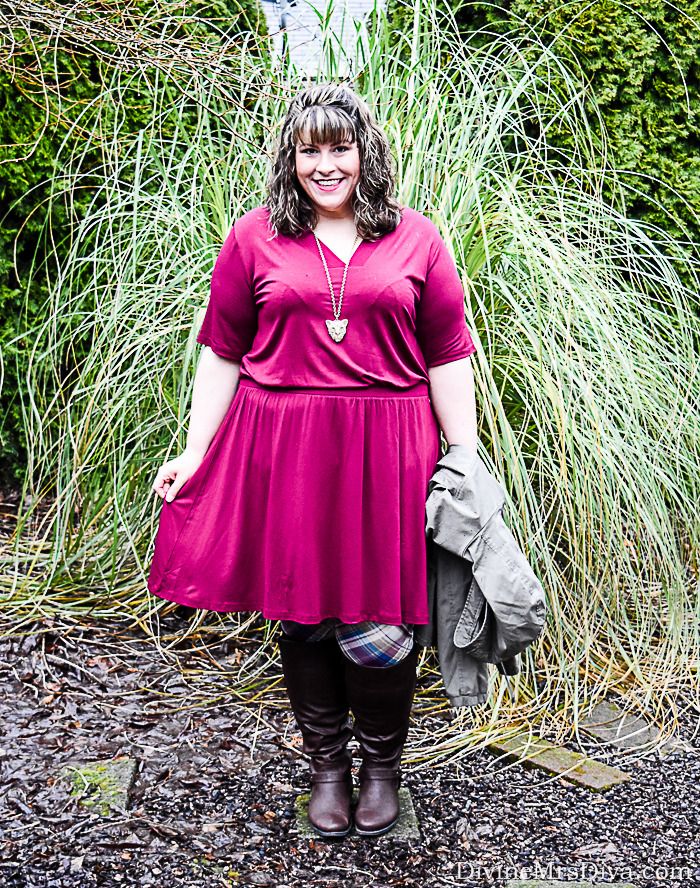 Hailey is thinking spring in this jersey skater dress, with plaid leggings for a pop of fun! - DivineMrsDiva.com #ASOSCurve #psblogger #plussizeblogger #styleblogger #plussizefashion #plussize #psootd #SpringStyle #plussizecasual