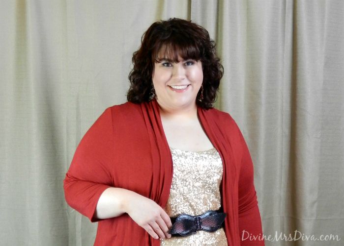 DivineMrsDiva.com - Asos Curve Gold Sequin Tank from Gwynnie Bee, Amber Shrug by SWAK Designs, Belt by Lane Bryant, Old Navy Dark-Wash Skinny Jeans, Avenue Boots
