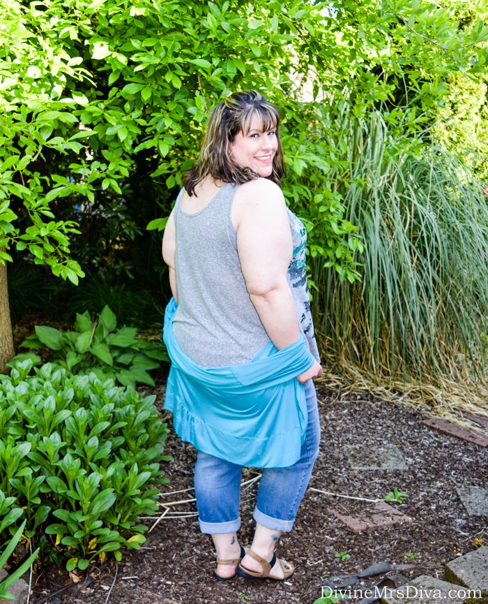 Hailey is celebrating her birthday with laid back sparkle in the Lane Bryant Double-Scoop Tank, SWAK Designs Amber Shrug, Catherines Girlfriend Jean, and REVsun Sandal from Cobb Hill by New Balance. - DivineMrsDiva.com #lanebryant #lanestyle #cobbhill #newbalance #catherines #catherinesplus #catherinesstyle #swakdesigns #myswakstyle #psblogger #plussizeblogger #styleblogger #plussizefashion #plussize #psootd #ootd #plussizeclothing #outfit #spring #summer #style #denim #plussizecasual