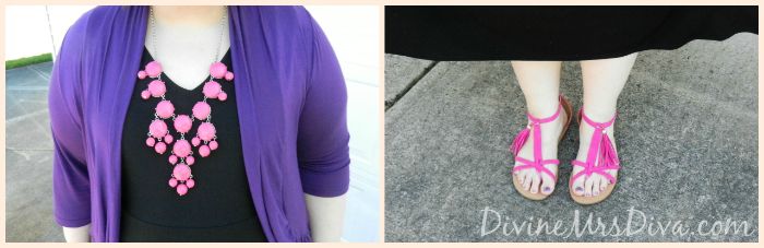 DivineMrsDiva.com - Lane Bryant Black Maxi, Pink Bubble Necklace, SWAK Designs Purple Amber Shrug, Torrid Pink Tassel Sandals