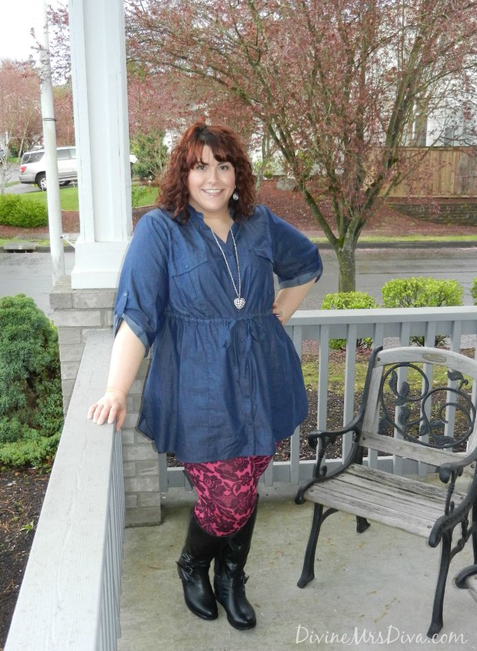 DivineMrsDiva.com - Lane Bryant Chambray Tunic and Pink Lace Leggings, Avenue Talia Stretch Back boots