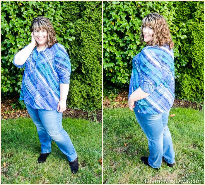 Catherines Denim Debut: Hailey is wearing the Paintbrush Plaid Top and Girlfriend Jean from @CatherinesPlus. – DivineMrsDiva.com #catherines #ilovecatherines #denimdebut #plussize #plusfashion #fallfashion #denim #plussizefashion #styleblogger #fashionblogger #plussizeblogger #psootd