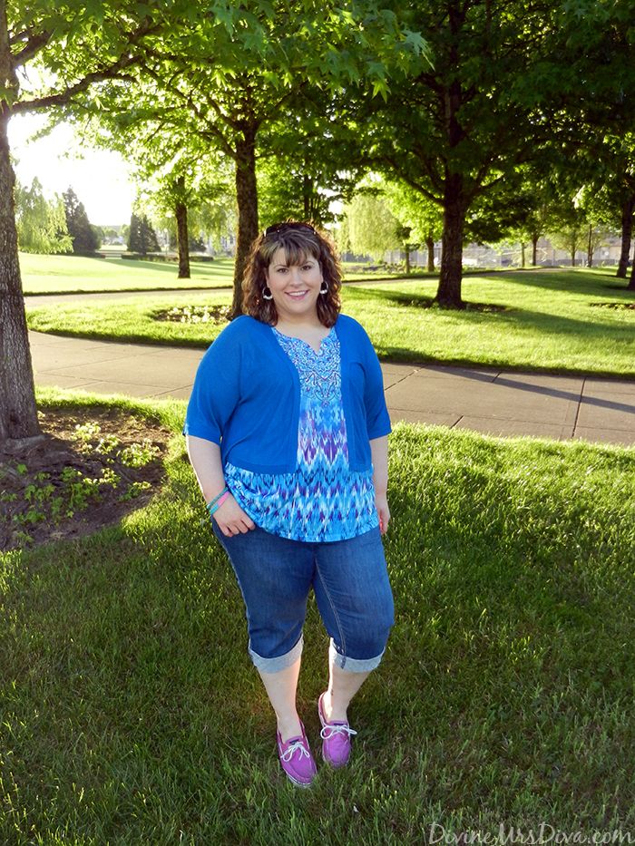 May Style Ambassador Hailey is wearing the Kindred Spirit Top, Criss-Cross Capris, Harborside Shrug, and Shine Hoop Earrings - all from Catherines - with Sperry Top-Sider Bahama Sparkle Suede Boat Shoes. - DivineMrsDiva.com #Catherines