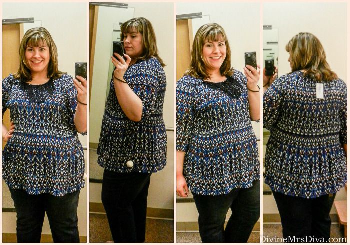 In The Dressing Room: Catherines - Hailey is wearing the Fiesta Pleated Blouse.  #Catherines #fallfashion #plussize #fittingroom #fashionblogger