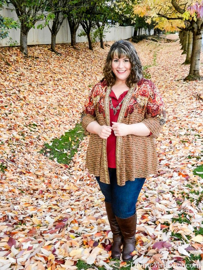 Hailey is wearing the Ornamental Ease Cascade and Suprema Henley - both from catherines, and the Virtual Stretch Legging jean and Talia Stretch Riding boots - both from Avenue. - DivineMrsDiva.com #Catherines #Avenue #fallfashion #psootd #psblogger #plussize #plussizefashion #plussizeblogger #widecalfboots