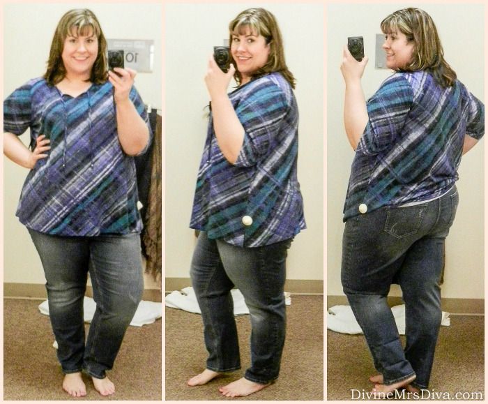 In The Dressing Room: Catherines - Hailey is wearing the Paintbrush Plaid Top and Girlfriend Jeans. #fallfashion #psootd #Catherines #plussize #fittingroom #fashionblogger