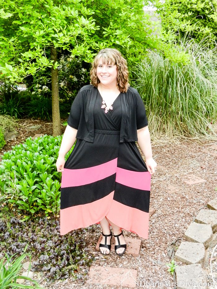 Hailey is wearing the Catherines Sorbet Maxi Dress and Staple Shrug, and Isotoner Pippa Sandals. - DivineMrsDiva.com