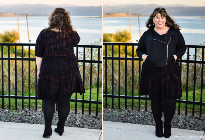 In today’s #sponsored post, Hailey reviews a head-to-toe Catherines look featuring the Ribbed Dot Fit and Flare Dress, Curvy Collection Moto Jacket, New Super Opaque Tights, and Good Soles Wedge Bootie! - DivineMrsDiva.com #CatherinesStyle #Catherines #psblogger #plussizeblogger #styleblogger #plussizefashion #plussize #psootd #ootd #plussizeclothing #outfit #style #plussizecasual #fall #fallstyle #workwear #sweaterdress 