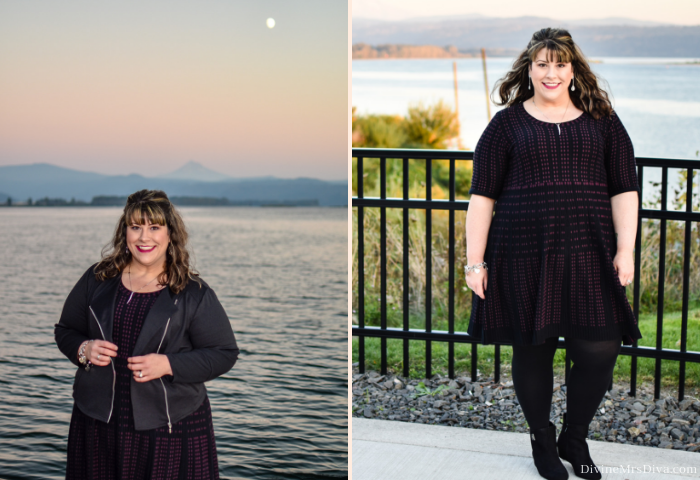 In today’s #sponsored post, Hailey reviews a head-to-toe Catherines look featuring the Ribbed Dot Fit and Flare Dress, Curvy Collection Moto Jacket, New Super Opaque Tights, and Good Soles Wedge Bootie! - DivineMrsDiva.com #CatherinesStyle #Catherines #psblogger #plussizeblogger #styleblogger #plussizefashion #plussize #psootd #ootd #plussizeclothing #outfit #style #plussizecasual #fall #fallstyle #workwear #sweaterdress 