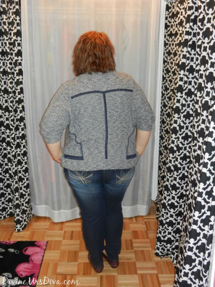 DivineMrsDiva.com - Gwynnie Bee Nic + Zoe My Darling Jacket; Lane Bryant Distressed Skinny Jean, Floral Striped Tank, and Silver Link Necklace; Avenue Purple Loafers