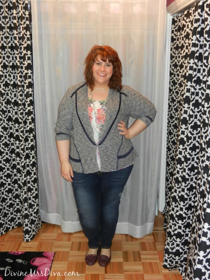 DivineMrsDiva.com - Gwynnie Bee Nic + Zoe My Darling Jacket; Lane Bryant Distressed Skinny Jean, Floral Striped Tank, and Silver Link Necklace; Avenue Purple Loafers
