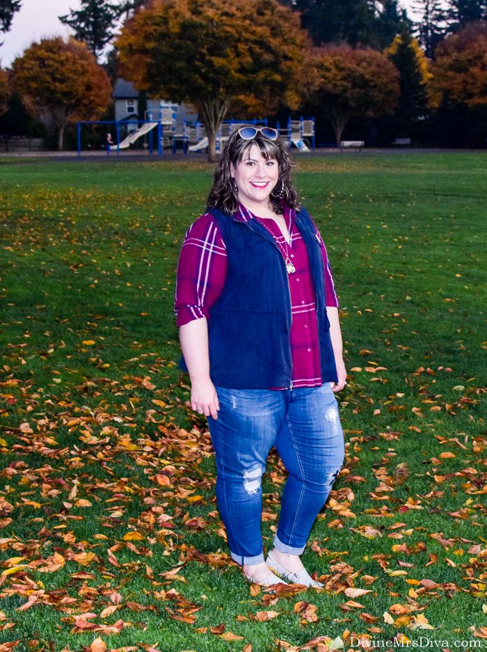 In today’s post, Hailey reviews a variety of apparel and accessories for a layered fall look! (St. John’s Bay Brushed Twill Button Front Shirt from JCPenney, Melissa McCarthy Seven7 Rolled Skinny Jean, Cobb Hill Zahara Flat) - DivineMrsDiva.com #JCP #JCPStyle #JCPenney #MelissaMcCarthy #MelissaMcCarthySeven7 #CobbHill #Target #Merona #CharmingCharlie #EmilyMcDowell #esty #etsyfind #charmholder #psblogger #plussizeblogger #styleblogger #plussizefashion #plussize #psootd #ootd #plussizeclothing #outfit #style #fall #spring #vest