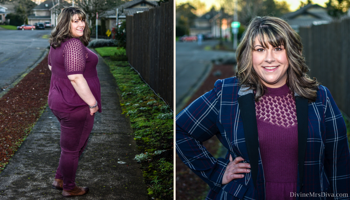 In today’s post, Hailey steps out of her comfort zone and tries a monochrome look, and styles the Lane Bryant Blazer in Navy Plaid two ways. (Featuring Lane Bryant Bryant Blazer in Plaid, Super Stretch Skinny Jean in Wine; Catherines Sparkle Stripe Jean, and Torrid Pointelle Knit Peplum Sweater, Comfortiva Cascade Boot) - DivineMrsDiva.com #LaneBryant #LaneStyle #Torrid #TorridInsider #Catherines #CatherinesStyle #Comfortiva #Zulilyfind #ThredUp #secondhandfirst #psblogger #plussizeblogger #styleblogger #plussizefashion #plussize #psootd #ootd #plussizeclothing #outfit #style #plussizecasual #plaid #monochrome